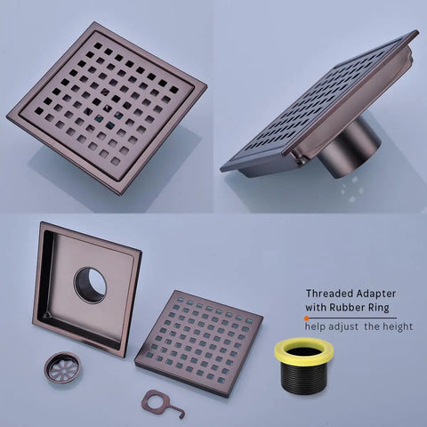 6 Inch Square Shower Floor Drain Brushed Bronze 304 Stainless Steel with Threaded Adapter and removable grid grate viewed from different angles.