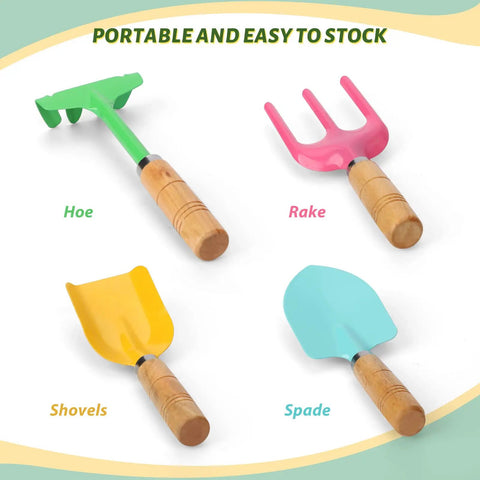 Kids Beach Toy Kit With Scoop Spade Rake Hoe And Leaf Rake Stainless Steel Durable Sandbox Shovel Set Quad Pack shown