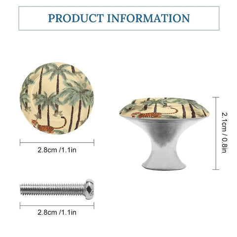 Palm Trees and Tigers Round Cabinet Knob 1.1 Inch Diameter with screw, side and front view dimensions shown