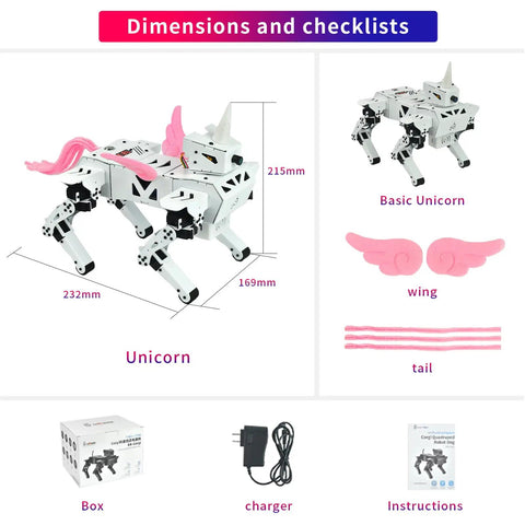 Unicorn Inspired Dope Remote Control Robotic Kit With Voice Control App Control FPV 13DOF Programmable Bionic Pet Toy For Teens And Adults ESP32 Open Source Educational Project, 232mm x 169mm x 215mm