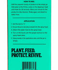 Instructions on the packaging of the Not Dead Yet Hose End Sprayer For Yard Care With Easy Mix And Even Coverage On Plants, Trees, And Shrubs Attach To Water Hose Quick Shake To Dissolve No Mess Simple Reliable Spray.
