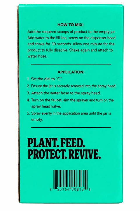 Instructions on the packaging of the Not Dead Yet Hose End Sprayer For Yard Care With Easy Mix And Even Coverage On Plants, Trees, And Shrubs Attach To Water Hose Quick Shake To Dissolve No Mess Simple Reliable Spray.