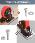 5-inch polyurethane brake caster wheels set of 4 with mounting plates; front view, installed view, hardware close-up