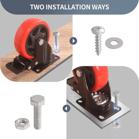 5-inch polyurethane brake caster wheels set of 4 with mounting plates; front view, installed view, hardware close-up