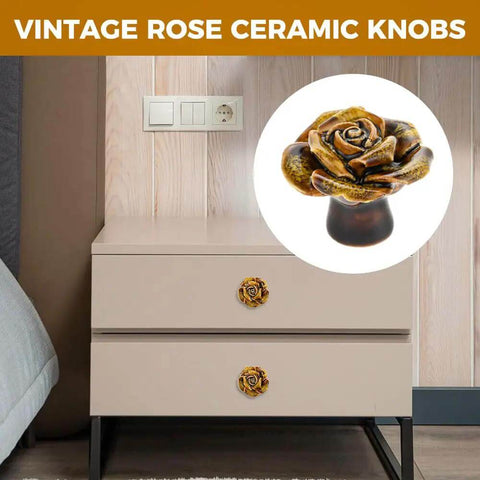 Six Pack Yellow Vintage Flower Premium Ceramic Cabinet Knobs And Drawer Pulls on a beige nightstand with a ceramic rose design.