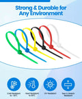 Heavy Duty Zip Ties Kit With Storage Box And Scissors 480 Pack 4 Inch Nylon 66 Cable Ties In Assorted Colors Black White Red Blue Green Yellow Two Point Five Millimeter Wide Durable For Cable Management And Pros And Diyers shown in various colors.
