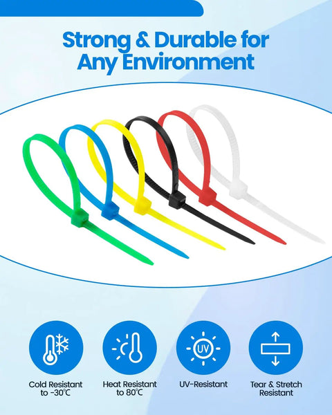 Heavy Duty Zip Ties Kit With Storage Box And Scissors 480 Pack 4 Inch Nylon 66 Cable Ties In Assorted Colors Black White Red Blue Green Yellow Two Point Five Millimeter Wide Durable For Cable Management And Pros And Diyers shown in various colors.