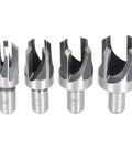 8 Piece Heavy Duty Carbon Steel Wood Plug Cutter Drill Bit Set With Straight And Taper Claw Heads For Flawless Countersunk Coverage And Clean Shop Finishes Daily, showcasing four tapered cutter heads.
