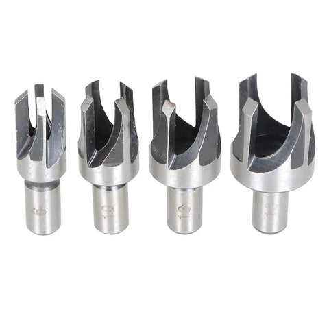 8 Piece Heavy Duty Carbon Steel Wood Plug Cutter Drill Bit Set With Straight And Taper Claw Heads For Flawless Countersunk Coverage And Clean Shop Finishes Daily, showcasing four tapered cutter heads.