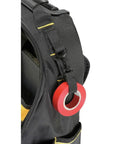 Close-up of Pro Rolling Tool Backpack On Wheels With IP54 Weatherproof Compartment showing black fabric and attached red tape roll