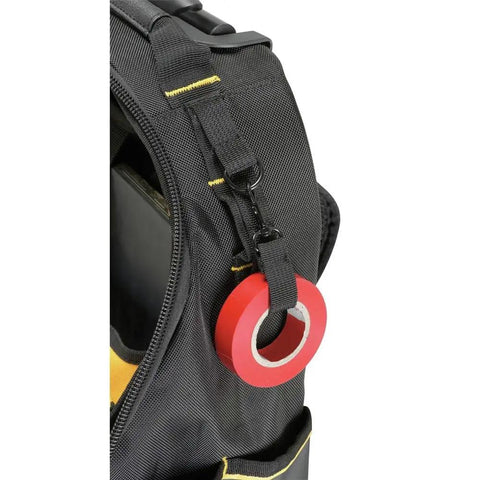 Close-up of Pro Rolling Tool Backpack On Wheels With IP54 Weatherproof Compartment showing black fabric and attached red tape roll