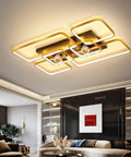 Slick Led Semi Flush Ceiling Fan Light Fixture With Remote Control And Modern Minimalist Rectangular Blades In Gold And Black Finish.
