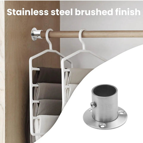 Heavy Duty Stainless Steel Closet Rod Flange Adjustable One Inch Socket Bracket For Rock Solid Pipe Mounts brushed finish on closet rod.