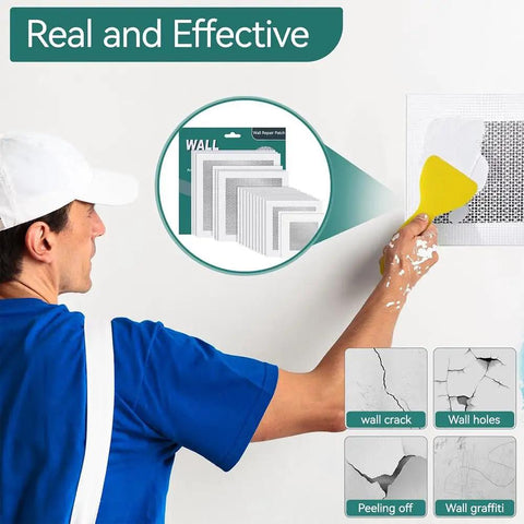 Person using Eight Piece Aluminum Fiber Mesh Spackle Patch Kit For Drywall Repair Quick And Easy Wall Hole Fix DIY Friendly on wall