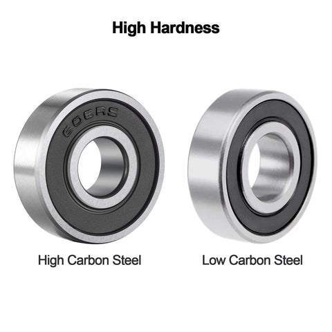 Front view of two 608-2RS rubber-sealed ball bearings; left High Carbon Steel, right Low Carbon Steel; 8x22x7 mm.