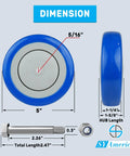 Five Inch Shopping Cart Wheel Set With Dual Precision Bearings And Polyurethane Tread Blue Crown, dimensions shown, side and front view
