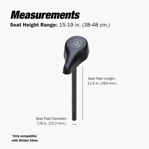 Performance Seat With XL Post For 12 And 14X Balance Bikes, extends seat height from 15 to 19 inches, black, product specifications displayed.