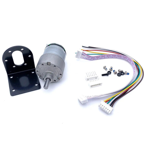 DC 12V Reduction Gear Motor Featuring Optical Encoder For Dead On Precision Tuning And 20 To 1 Ratio with mounting bracket and connectors.