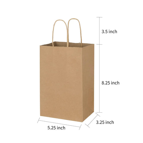 Bulk Brown Kraft Paper Bags With Handles 100 Pack Small Gift Bags 5.25 By 3.25 By 8.25 Inches Durable 110 Gsm Heavy Duty Takeout Party Favor Goody Bags