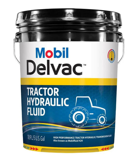 Black 5-gallon pail labeled Mobil Delvac Tractor Hydraulic Fluid