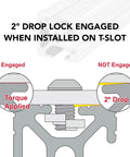 One Inch By One Inch By Twelve Inch Aluminum Extrusion Profile For Linear Motion, 6063 T6, Clear Anodized Finish, 10 Series 8020 Compatible, Three Open T Slots, DIY Friendly for CNC, 3D Printer Rails, Robotics, And Modular Frames. 2° drop lock engaged diagram