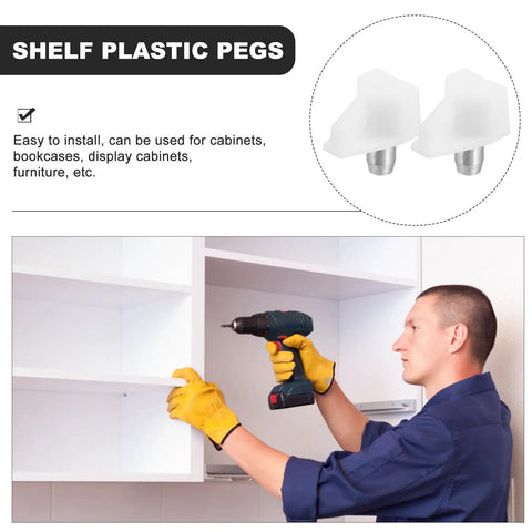 Man installing White Cabinet Shelf Support Pegs 100 Pieces With Adjustable Design And No Fuss Setup Plastic And Stainless Steel Clips for shelves