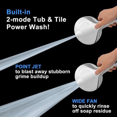 8 Inch High Pressure Rain Shower Head With 11 Inch Extension Arm And 10 Mode Handheld Set Chrome Finish showing power wash modes