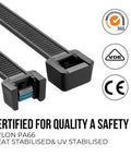 Close-up of 36 Inch Heavy Duty Zip Ties Pack Of 50 Ultra Strong UV Cable Ties For Indoor Outdoor Use, showing certification labels.