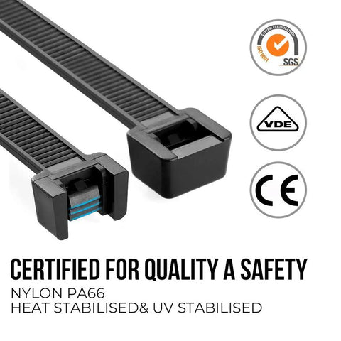 Close-up of 36 Inch Heavy Duty Zip Ties Pack Of 50 Ultra Strong UV Cable Ties For Indoor Outdoor Use, showing certification labels.