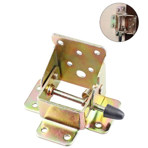 Close-up of 4Pcs Iron Lock Folding Table And Chair Leg Bracket Hinges in gold, showing self-locking design and installation inset.