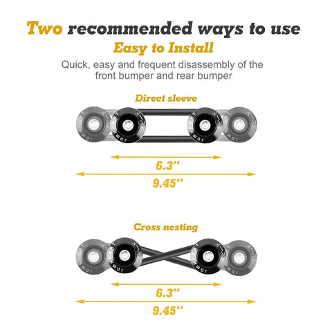 Image showing installation methods for JDM Black Bumper Quick Release Fasteners Kit with measurements 6.3" and 9.45"