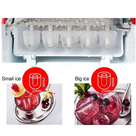 Slick Countertop Ice Cube Maker And Kitchen Water Dispenser With Three Liter Tank, showing small and big ice cubes.