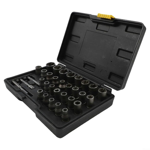 32 Piece Bolt Extractor Socket Set For Removing Damaged Rusted Bolts And Nuts With 1/4 Inch And 3/8 Inch Adapters Heavy Duty Metal Nut Removal Tool Kit Built For Auto Home And Shop Work in black case