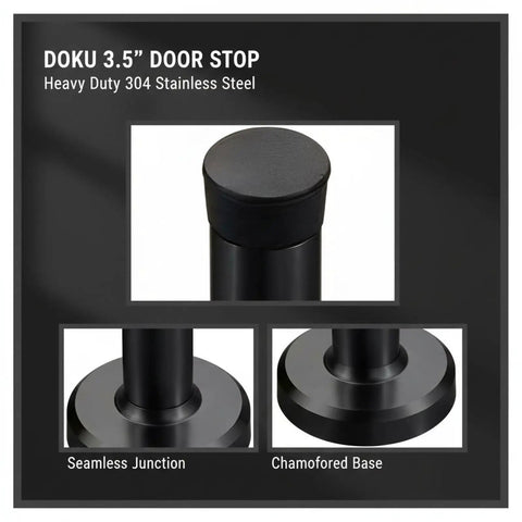 Set Of 10 Black 3.7 Inch Door Stops With Stainless Steel Body And Rubber Bumper, close-up of chamfered base and rubber top