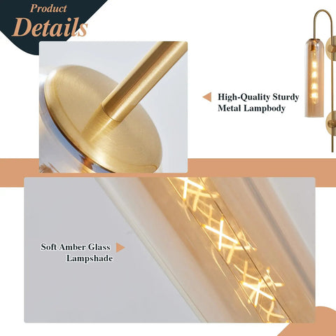 Amber Glass Wall Sconce With Brass Tube, 1 Light Modern Mid Century Vanity Fixture, showing amber glass and brass details.