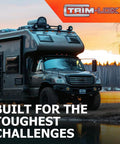 RV equipped with drip rail weather shield for cars and RVs, 1/2 inch high, PVC rain guard, sunset backdrop, lakeside view.