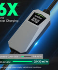 Close-up of 40 Amp Level 2 EV Charger Home Charging Station, LCD display showing charging speed, sleek design.