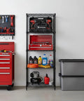 Rock Solid Steel Wire Shelving Unit Five Tier Storage Rack Built Tough With Self Leveling Feet NSF Certified Food Safe For Kitchens Garages And Commercial Shops Black storing tools and supplies in a garage workshop.