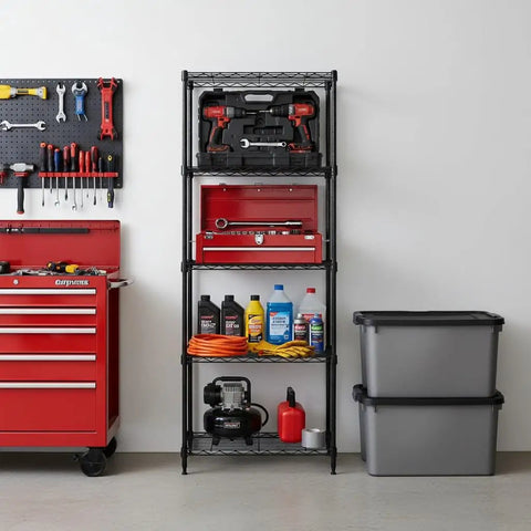 Rock Solid Steel Wire Shelving Unit Five Tier Storage Rack Built Tough With Self Leveling Feet NSF Certified Food Safe For Kitchens Garages And Commercial Shops Black storing tools and supplies in a garage workshop.