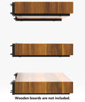 Side view of 6-inch L-shaped black shelf brackets with wooden boards, displaying the Beefy Heavy Duty Floating Shelf Brackets.