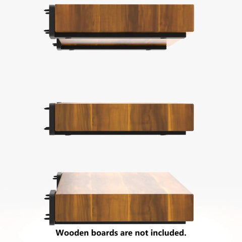 Side view of 6-inch L-shaped black shelf brackets with wooden boards, displaying the Beefy Heavy Duty Floating Shelf Brackets.