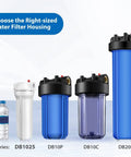 Whole House Water Filter Housing Inline 10 Inch Sediment Filter With 3/4 Inch NPT Inlet Outlet in different sizes comparison