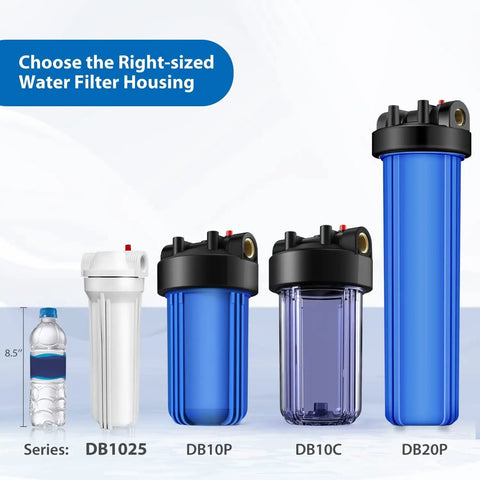 Whole House Water Filter Housing Inline 10 Inch Sediment Filter With 3/4 Inch NPT Inlet Outlet in different sizes comparison