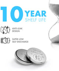 Top Shelf CR1216 3V Lithium Coin Cell Batteries Five Pack for Watches and Forehead Thermometers shown with anti-leak design and shelf life details.