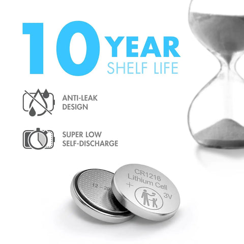 Top Shelf CR1216 3V Lithium Coin Cell Batteries Five Pack for Watches and Forehead Thermometers shown with anti-leak design and shelf life details.