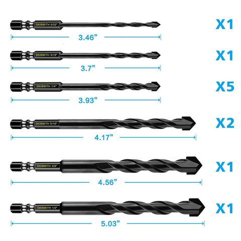 Go-To 11-Piece Carbide Masonry Drill Bit Set With Quick Change One Quarter Inch Hex Shank For Concrete Stone Tile Brick Ceramic Glass Metal Plastic And Wood Case Included Sizes Five Thirty-Second, Three Sixteenths, One Quarter, Five Sixteenths, Three, drill bits neatly arranged.