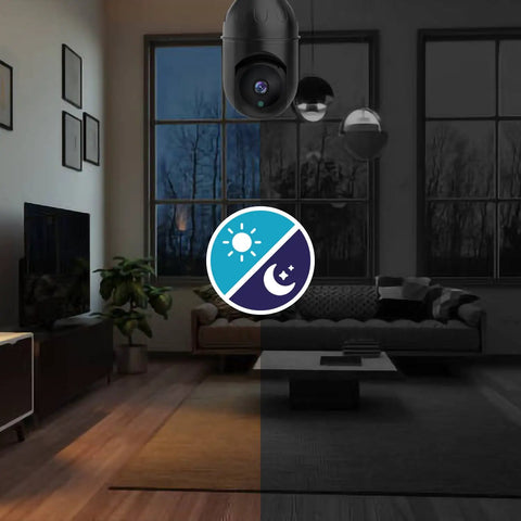 Day and night view of a 3MP Wireless WiFi Light Bulb Security Camera for Smart Home Surveillance with dome cam in living room.