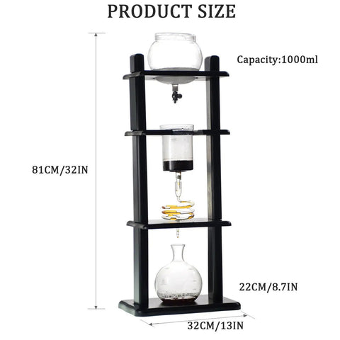 Smooth Like Butter Cold Drip Coffee Maker With Ice Water Reservoir Slow Drip Japanese Cold Brew Tower showing dimensions 81cm x 32cm for home brewing.