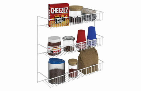Top Shelf 3 Tier Wall Mounted Metal Rack For Kitchen Pantry Organization Keeps Your Space Slick With Rock Solid Storage For Cans Cleaners And Toiletries In A Clean White Build, displaying food and storage containers.