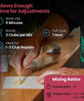 Person mixing Fast Cure Golf Epoxy for Quick Club Repairs, Bond Up To 3 Golf Clubs Per Mix, Fully Cures In 1 Hour on a wooden table.
